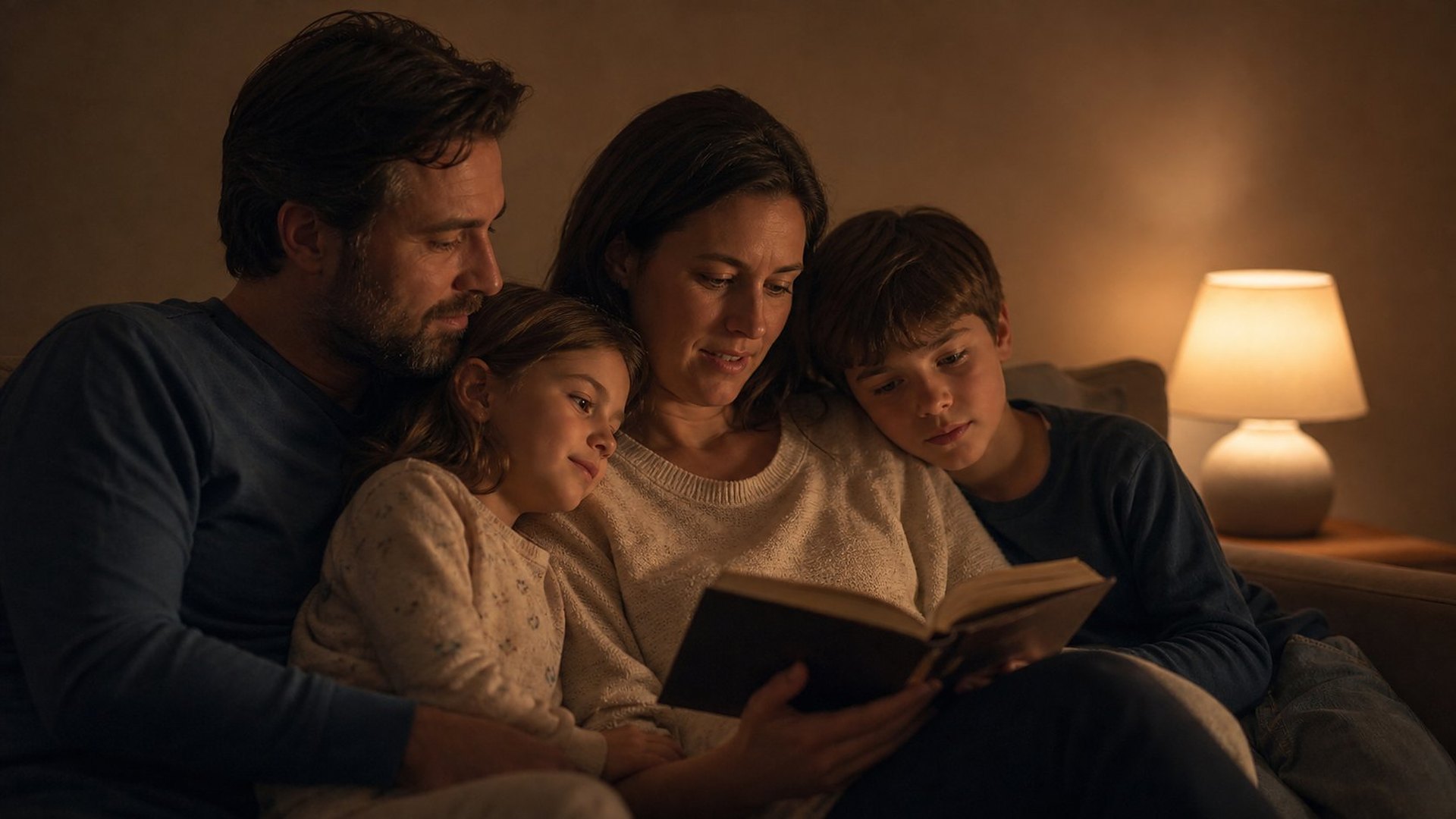 Le soir, dans une pièce éclairée par une seule lampe, un père, une mère et leurs deux enfants sont blottis sur un canapé ; la mère lit à voix haute dans un livre ouvert sur ses genoux, et tous les visages sont calmes et sereins.