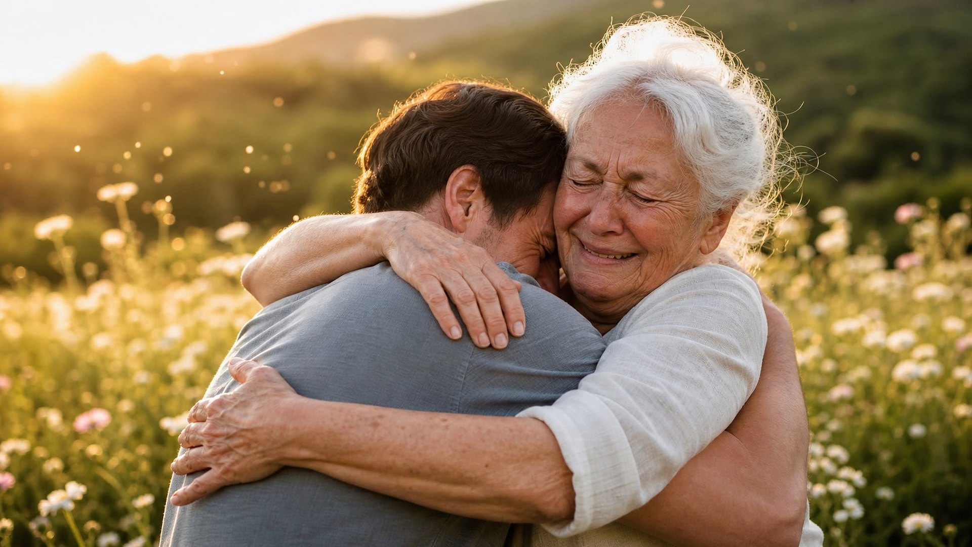 Dans une prairie fleurie à contre-jour doré, une grand-mère aux cheveux blancs serre de toutes ses forces un jeune homme contre elle ; elle pleure de joie, les yeux fermés et souriante, tandis qu’il enfouit son visage dans son épaule.