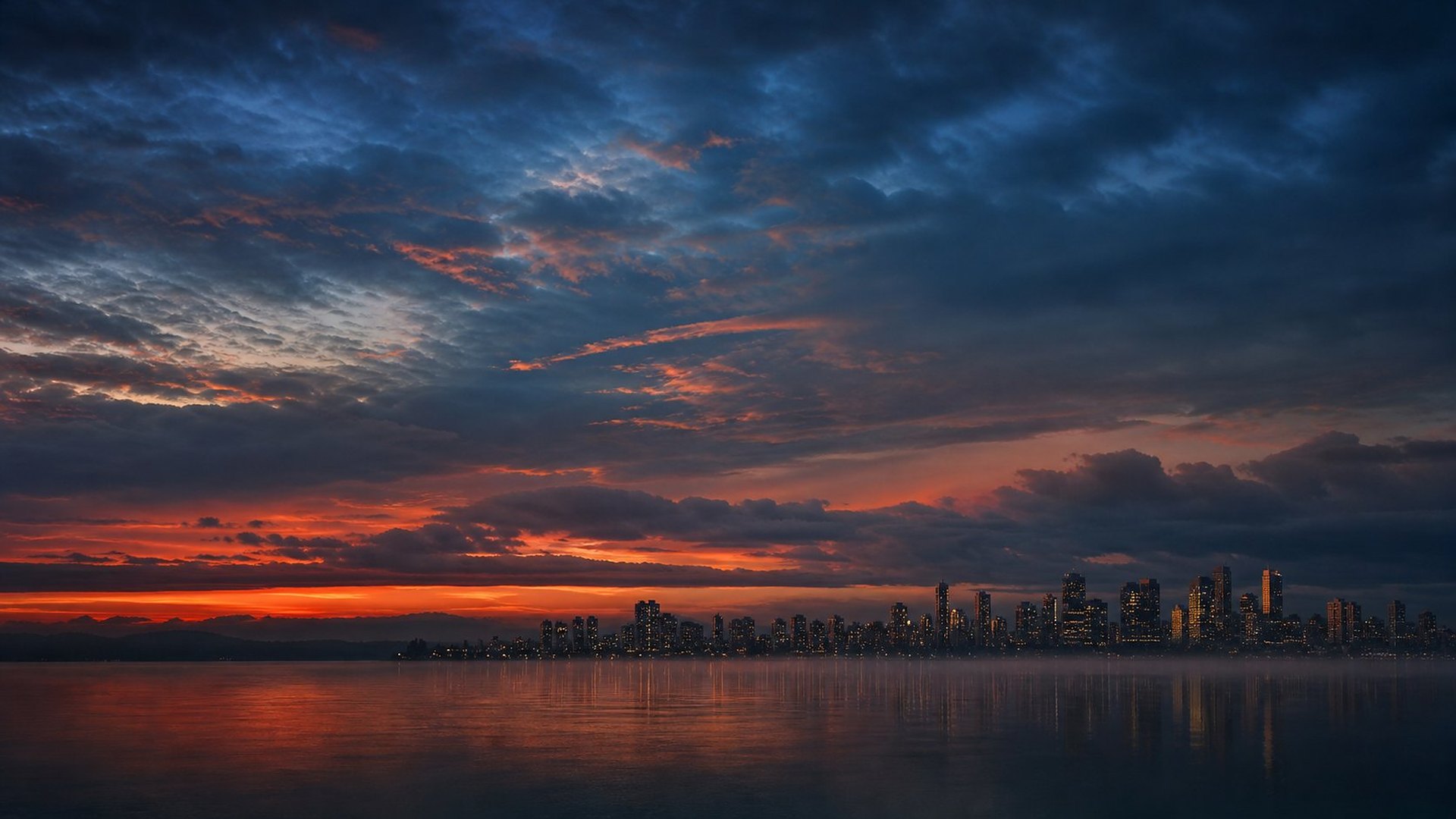 Au crépuscule, depuis l’autre rive d’une baie calme, la silhouette lointaine d’une grande ville moderne aux tours éclairées ; au-dessus, un ciel immense de nuages bleu sombre, strié de lueurs cuivrées et rouges sur l’horizon, se reflète dans l’eau brumeuse.