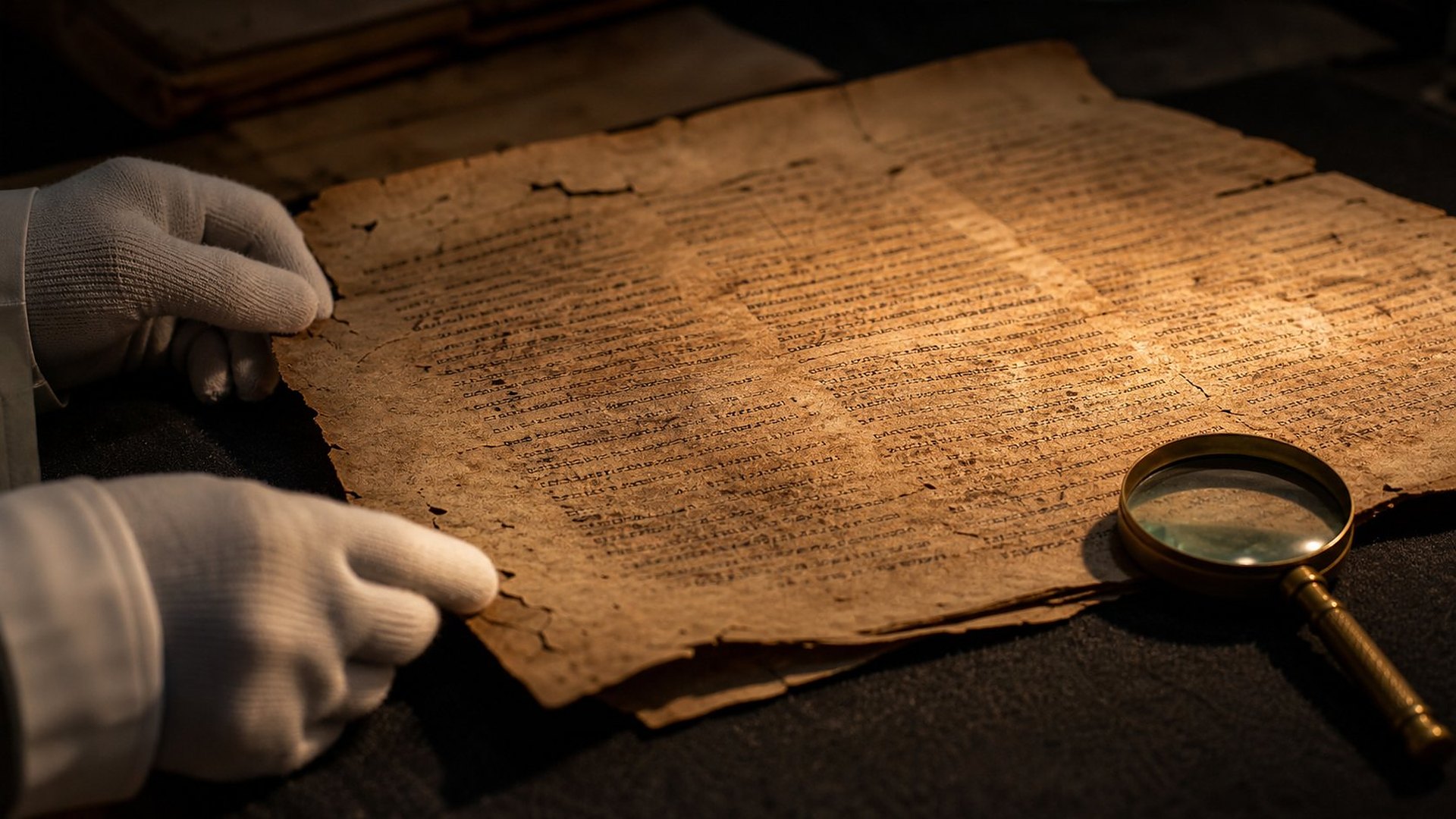 Sous la lumière rasante d’une lampe, les mains gantées de blanc d’une restauratrice tiennent le bord d’un manuscrit ancien en parchemin, couvert de colonnes d’écriture brune effacée et craquelé par le temps ; une loupe en laiton repose à côté, sur un feutre sombre.