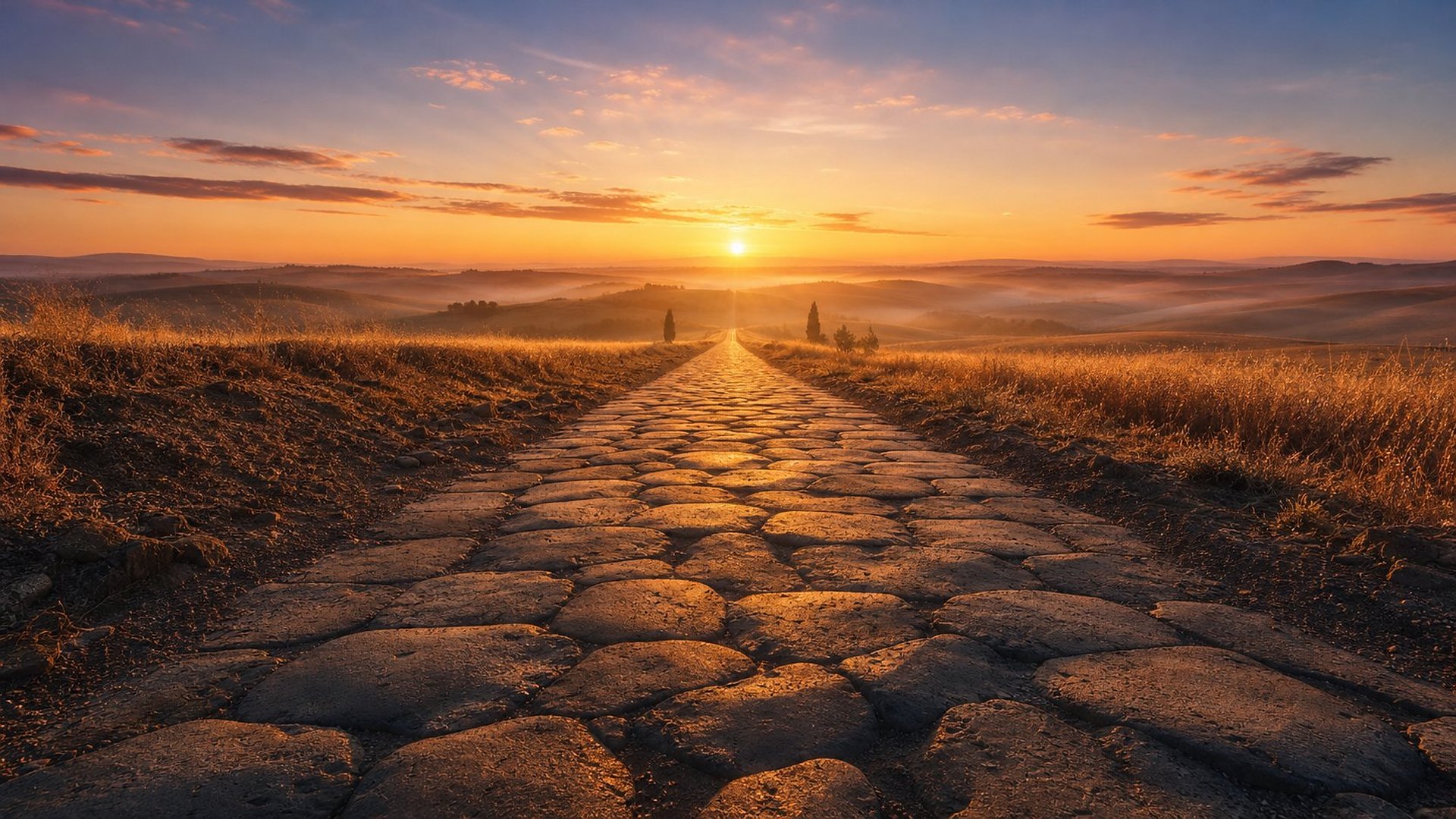 Au lever du soleil, une ancienne voie romaine pavée de pierres polygonales usées file en ligne droite jusqu’à l’horizon, à travers des collines d’herbes dorées voilées de brume ; quelques cyprès se dressent au loin sous un ciel rose et or.