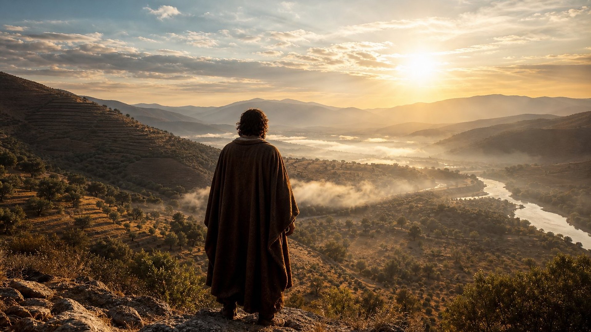 Vu de dos, un voyageur vêtu d’un simple manteau de laine brune se tient debout sur un sommet rocheux au lever du soleil ; devant lui s’étend une vaste vallée noyée de brume, avec des collines en terrasses, des oliviers et une rivière sinueuse qui s’illumine sous les premiers rayons dorés.