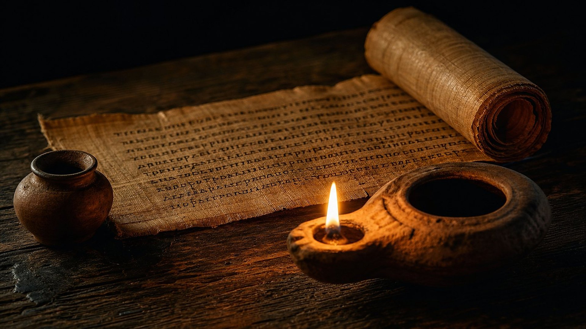 Sur une table de bois sombre, une petite lampe à huile en terre cuite brûle d’une seule flamme à côté d’un rouleau de papyrus déroulé, couvert de lignes d’écriture ancienne ; un petit pot à encre en argile se trouve à gauche, dans la pénombre.